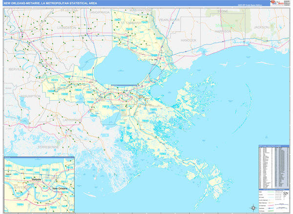 New Orleans-Metairie Metro Area Wall Map Basic Style